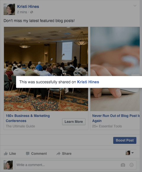facebook karusel oglas podijeljen kao poruka potvrde stranice