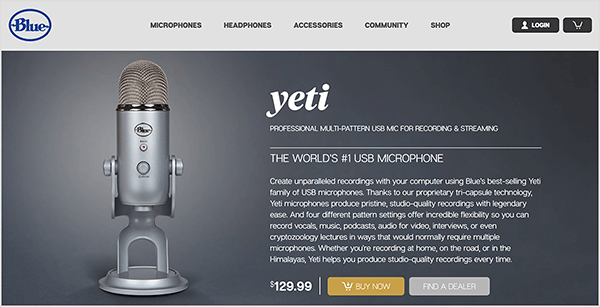 Dusty Porter preporučuje nadogradnju na USB mikrofon poput Blue Yetija. Na plavoj stranici prodaje Yeti mikrofona na tamno sivoj pozadini pojavljuje se slika kromiranog mikrofona na postolju. Cijena je navedena kao 129,00 USD.