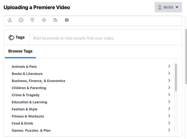 Kako postaviti Facebook Premiere, korak 4, video oznake