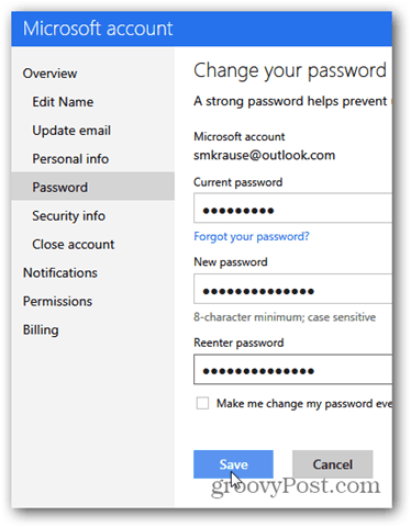 promjena zaporke Outlook.com - kliknite promijeni zaporku