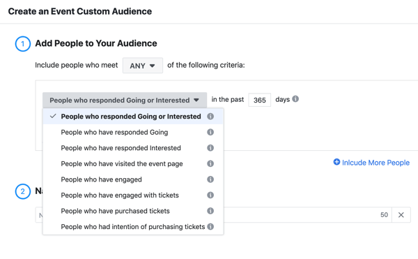 Kako promovirati svoj događaj uživo na Facebooku, 11. korak, stvoriti publiku prilagođenu publiku ljudi koji su se odazvali ili su zainteresirani za vaš događaj