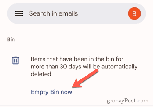 Opcija pražnjenja smeća u Gmailu na mobitelu
