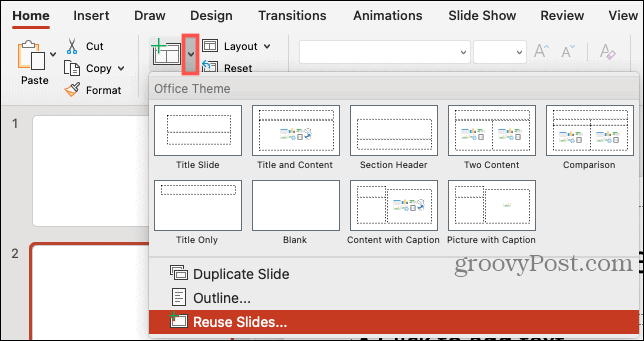 Novi dijapozitiv, ponovna upotreba dijapozitiva u programu PowerPoint na Macu