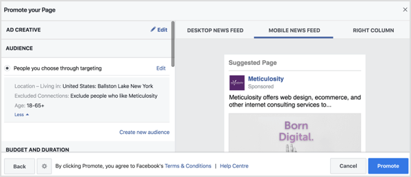 Facebook će automatski popuniti postavke publike na temelju vaše stranice lokacije. 