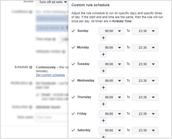 Postavite prilagođeni raspored pravila za automatizirano pravilo na Facebooku