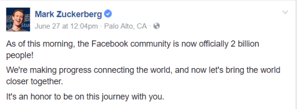 Facebook je premašio glavnu prekretnicu od 2 milijarde aktivnih korisnika mjesečno.