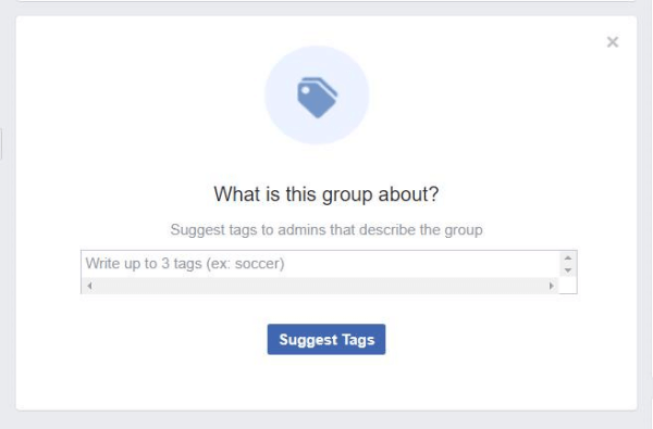 Skočni prozor pronađen u Facebook Grupama traži od članova da predlože oznake koje opisuju grupu.