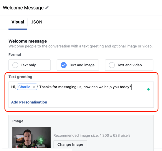 Kako ciljati tople potencijalne kupce s oglasima Facebook Messengera, korak 12, primjer personalizacije prilagođenog predloška odredišta glasnika