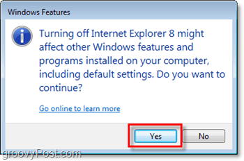 potvrdite da zaista želite ukloniti Internet Explorer 8, isključite ga!