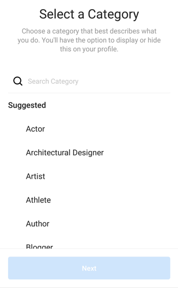 Odabir kategorije profila Instagram Stvoritelja, 1. korak.