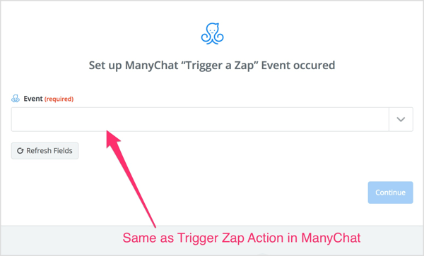 Odaberite akciju Trigger Zap koju ste stvorili u toku ManyChat.