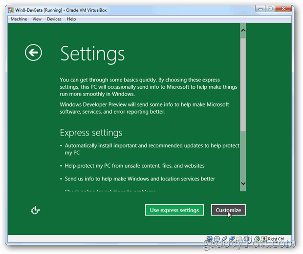 VirtualBox Windows 8 izričiti ili prilagoditi postavljanje