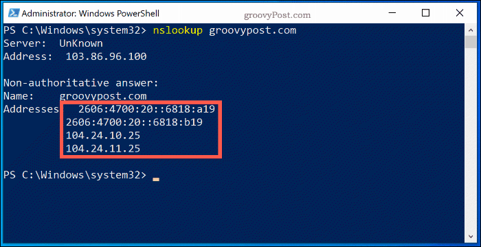 Naredba NSlookup u Windows 10 PowerShell Window-u, prikazuje informacije o pretraživanju poslužitelja imena za Groovypost.com