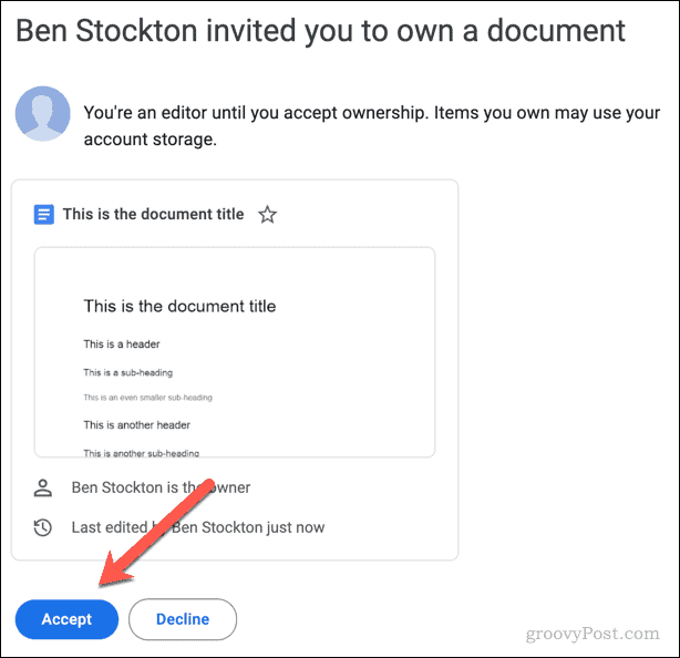 Pozivnica e-poštom za prihvaćanje ili odbijanje vlasništva nad datotekom Google dokumenata