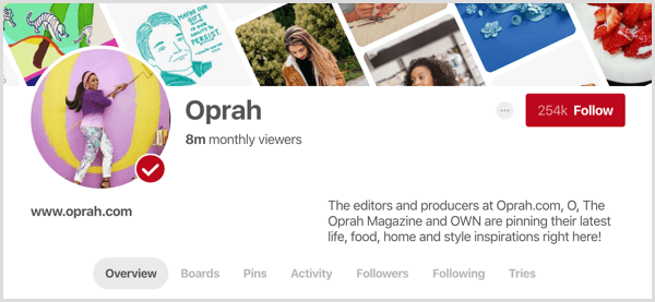 primjer Pinterest profil koji prikazuje statistiku mjesečnih gledatelja