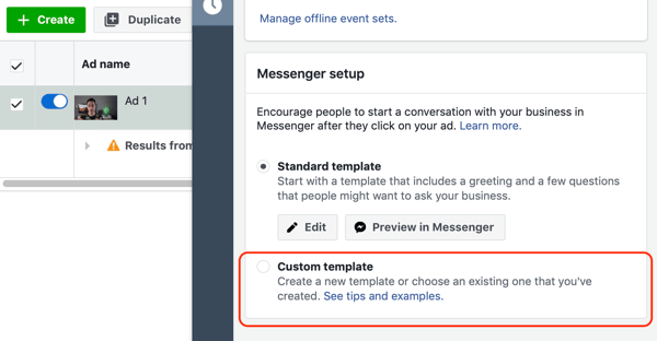 Kako ciljati tople potencijalne kupce s Facebook Messenger oglasima, korak 10, opcija prilagođenog predloška odredišta za messenger