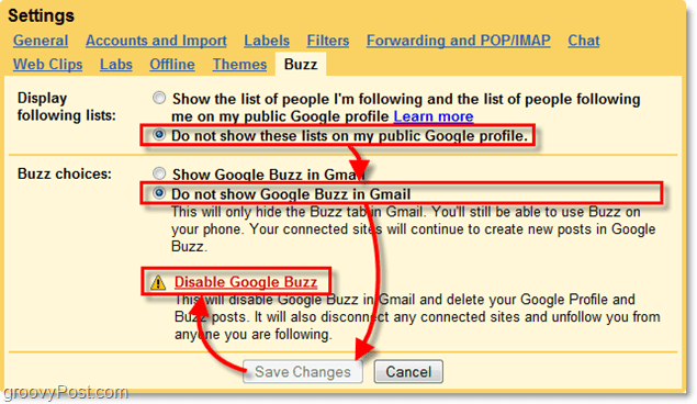 u postavkama gmaila kliknite karticu google buzz