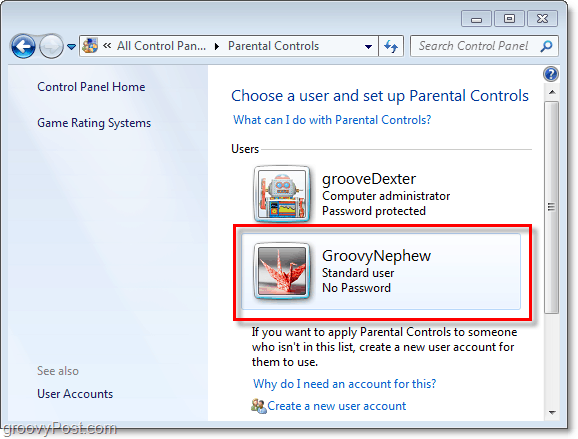 odaberite korisnika za prilagodbu svojstava roditeljskog nadzora za Windows 7