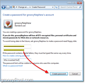 kako stvoriti novu lozinku za korisnički račun za Windows 7