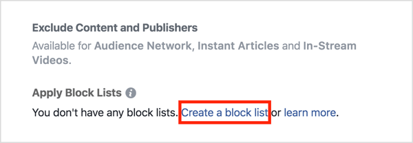 U odjeljku Položaji oglasa kliknite Primijeni popise blokova, a zatim Stvori popis blokova.