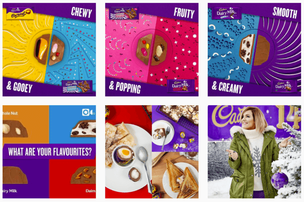 Instagram feed za Cadbury's usredotočen je na njihovu ikoničnu ljubičastu boju.