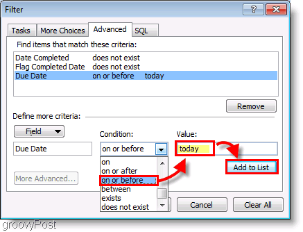 Snimak zaslona: Filter za postavljanje obaveza u programu Outlook 2007 danas