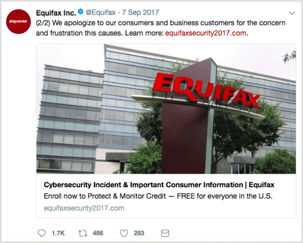 Equifax društveni post s točnim URL-om,