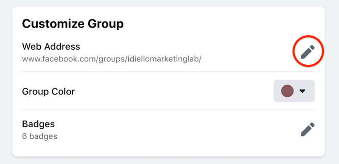 istaknuta opcija prilagodbe postavki grupe facebook za uređivanje web adrese