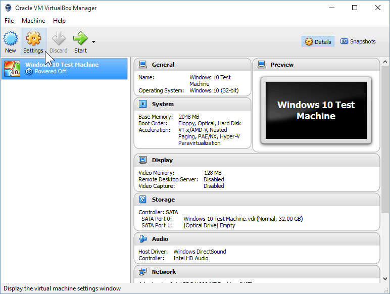 09 Otvaranje postavki VirtualBoxa (Instalacija Windowsa 10)