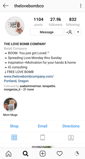Primjer biografije Instagram poslovnog profila s ponudom @thelovebombco.