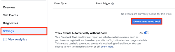 Koristite Facebook alat za postavljanje događaja, korak 2, idite na gumb Alat za postavljanje događaja na kartici Postavke
