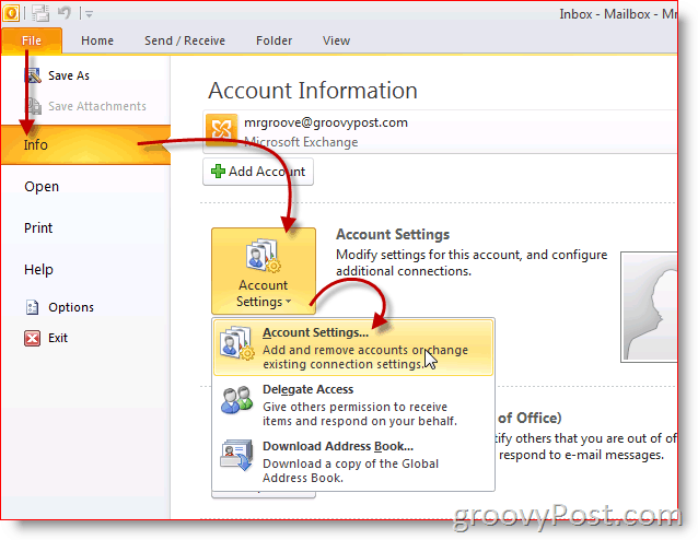 Postavke računa zaslona programa Outlook 2010