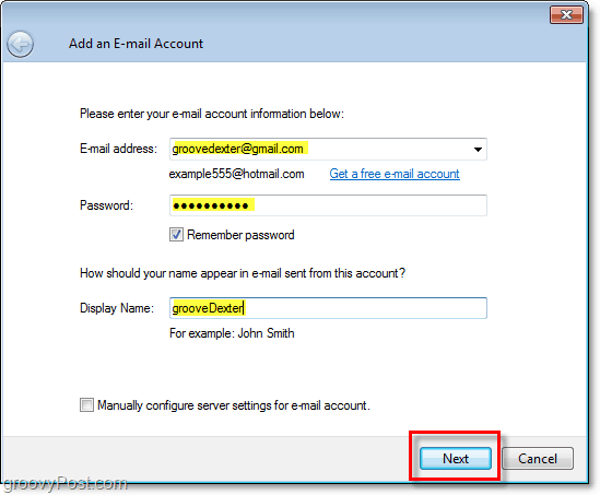 unesite vjerodajnice za račun e-pošte u Windows Live mail