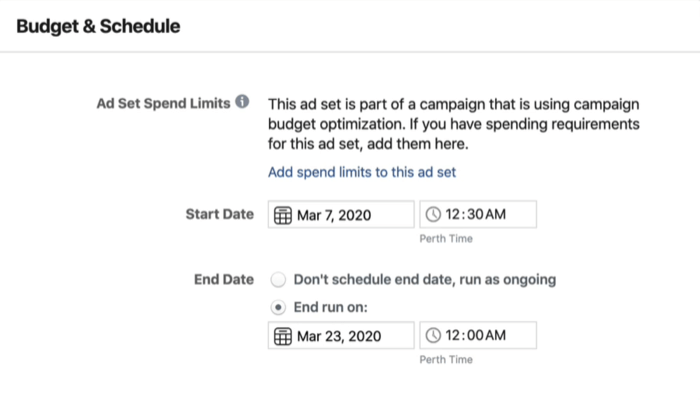 Odjeljak Proračun i raspored na razini skupa oglasa u Facebook Ads Manageru