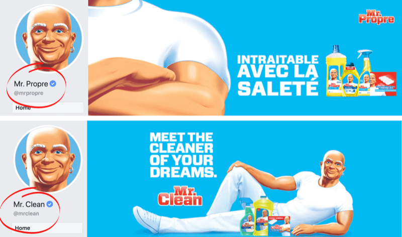 Facebook stranica i naslovna slika koja prikazuje jezične razlike za marku Mr. Clean na tržištima Francuske / Belgije i SAD-a