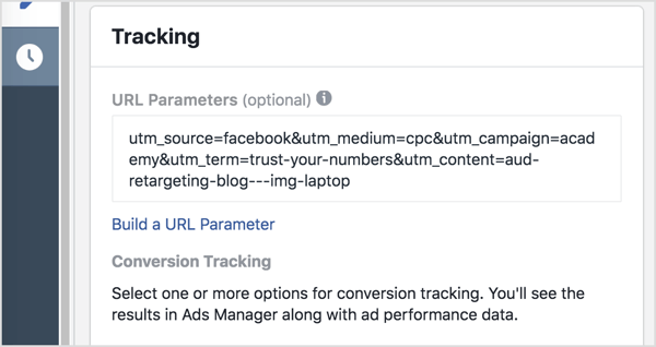 U upravitelju oglasa dodajte parametre praćenja (sve nakon upitnika) u okvir Parametri URL-a.