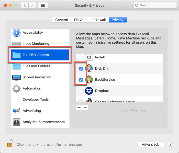 Autoriziranje punog pogonskog pristupa Disk Drill-u na macOS-u