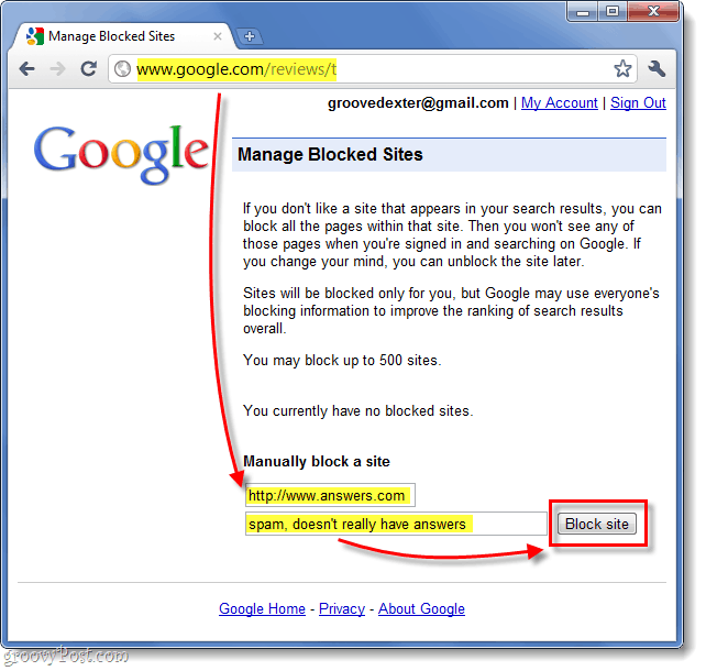 ručno blokirati web mjesto iz rezultata pretraživanja u Googleu 