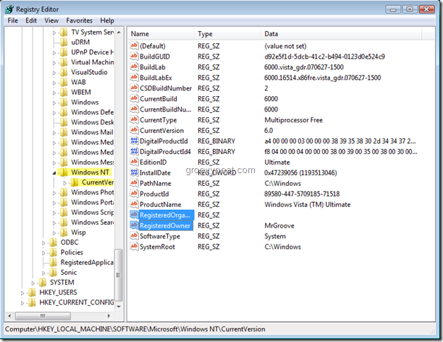 Snimak zaslona urednika registra Windows
