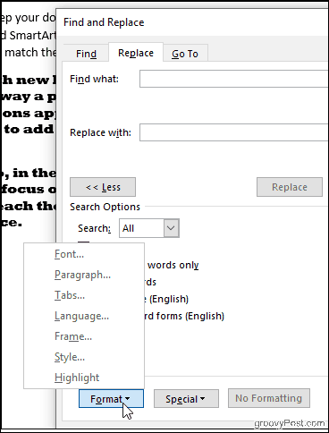 Kliknite Pronađi format u Wordu