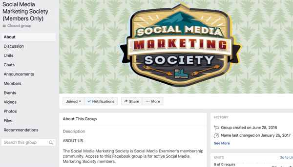 Kako koristiti značajke Facebook grupa, primjer stranice Facebook grupe za Društvo za marketing socijalnih medija