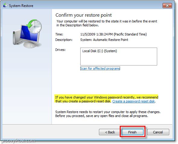 kako potvrditi da vraćate svoj Windows 7 točkom vraćanja i stvoriti disk za resetiranje lozinke