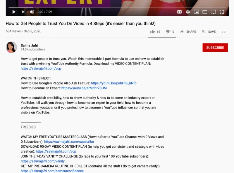 snimak zaslona bilješki opisa YouTube video zapisa s nekoliko veza dodanih za druge YouTube videozapise ili besplatna preuzimanja
