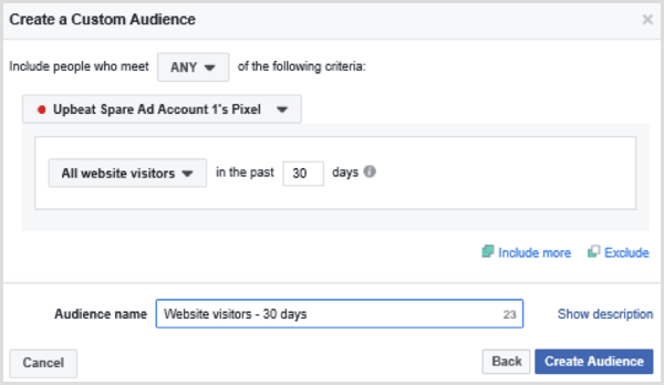 Odaberite opcije za postavljanje Facebook prilagođene publike svih posjetitelja web stranice u zadnjih 30 dana