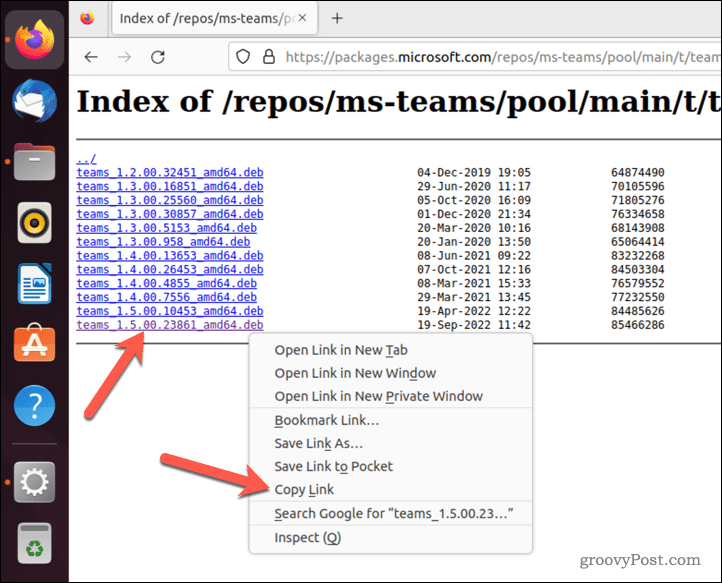 Kopiraj vezu za Microsoft Teams .deb datoteku na Ubuntu