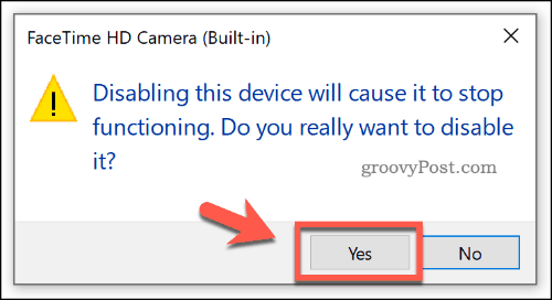 Potvrđivanje onemogućavanja uređaja u Upravitelju uređaja na sustavu Windows 10