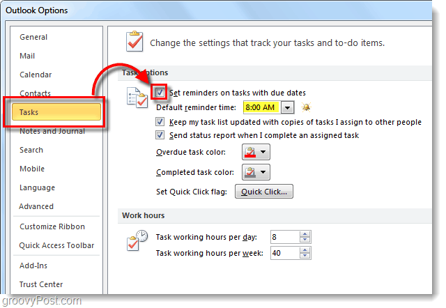 Kako postaviti zadane podsjetnike zadatka za Outlook 2010