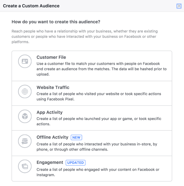 U alatu Facebook Audiences odaberite Engagement da biste stvorili publiku ljudi koji su gledali vaše videozapise uživo.