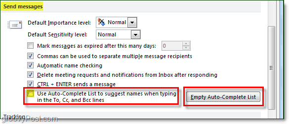 onemogućite automatsko dovršavanje u programu Outlook 2010 i očistite predmemoriju automatskog dovršetka