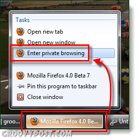 pokrenuti Firefox privatno pregledavanje na programskoj traci Windows 7